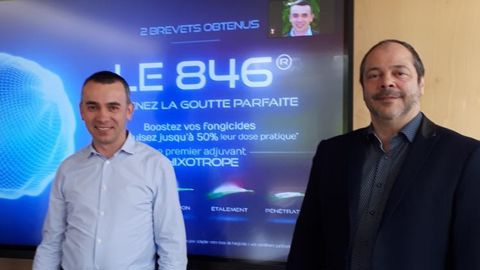 Jean-Marc Saurel, Global Manager Adjuvants (à g.), et Christophe Zugaj, directeur de la communication chez De Sangosse, lors de la web conférence de présentation de l’adjuvant thixotrope LE 846. © DE SANGOSSE